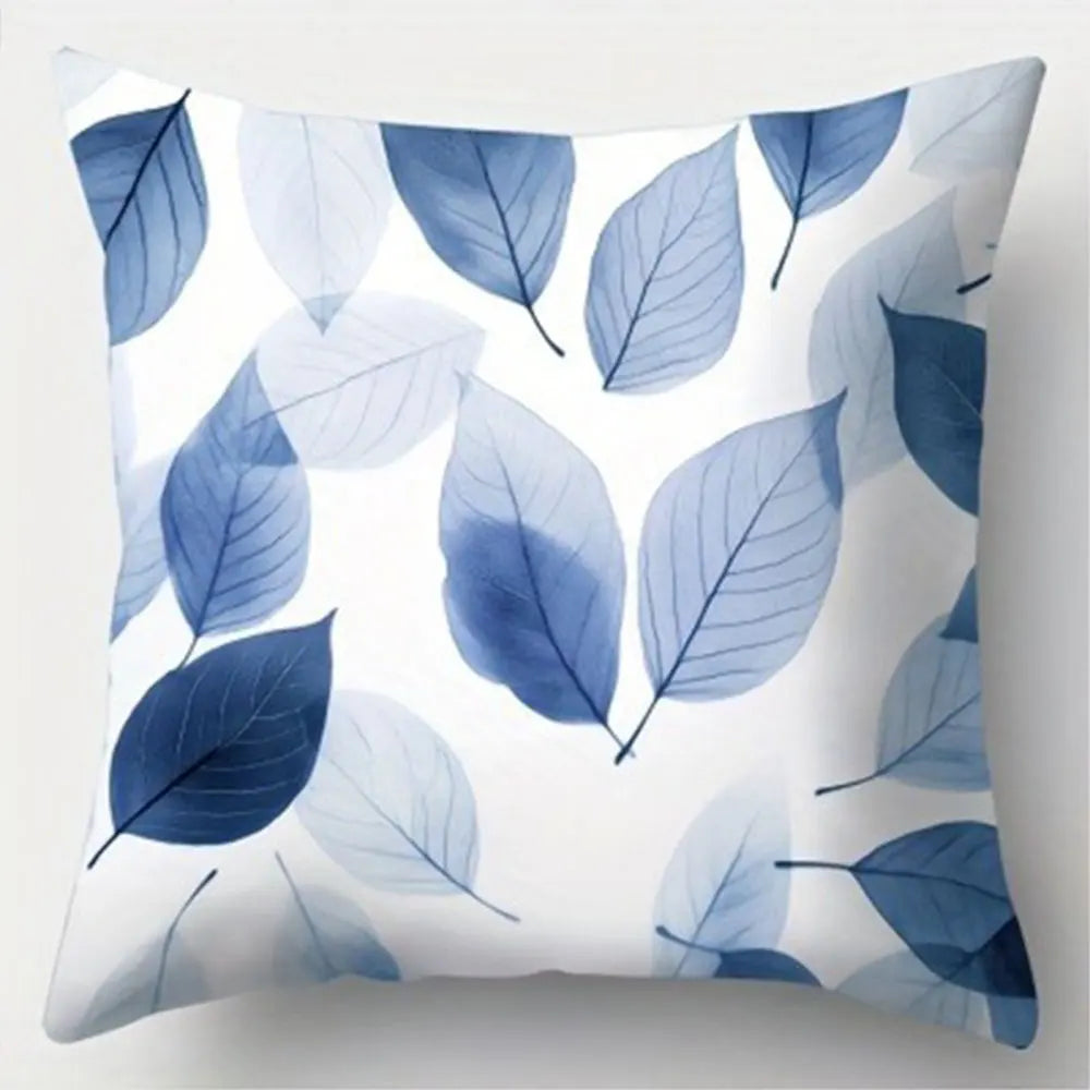 housse coussin polyester motif feuilles bleues moderne 45x45cm blanc décoration intérieur voiture salon