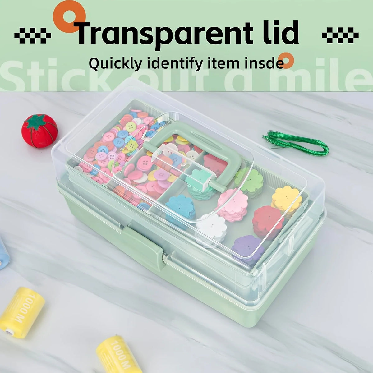 organisateur rangement boîte multi étages vert clair blanc compartiments plastique transparent utilitaire outils fournitures