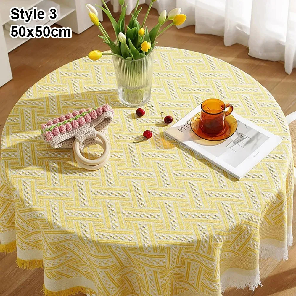 nappe table moderne 50x50cm 90x90cm rayures diagonales franges beige jaune rose bleuclair festive