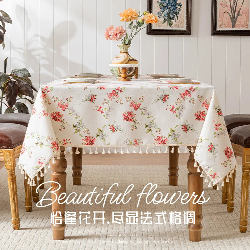 nappe table rectangulaire coton fleurs pompons bordure décorative pastoral maison mariage