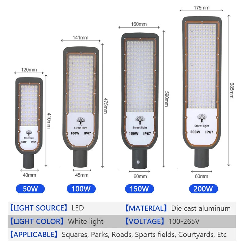 lampe rue led moderne gris métallique ip67 200w 100w 150w 50w