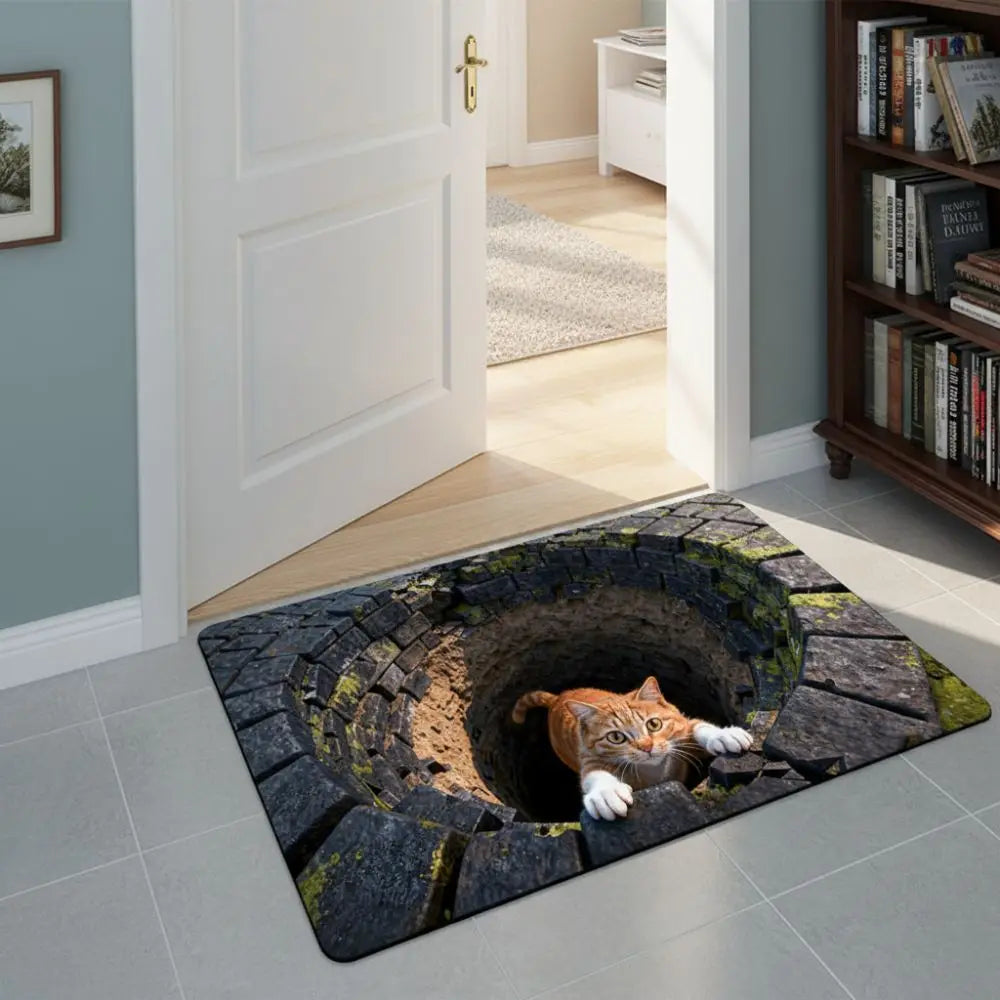 tapis créatif 3d antidérapant gris marron texture pierre motif chat moderneintérieur decoration chambre salle