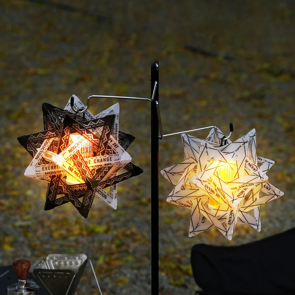 lampe décorative origami étoile rouge jaune noir blanche clips imprimés camping ambiance