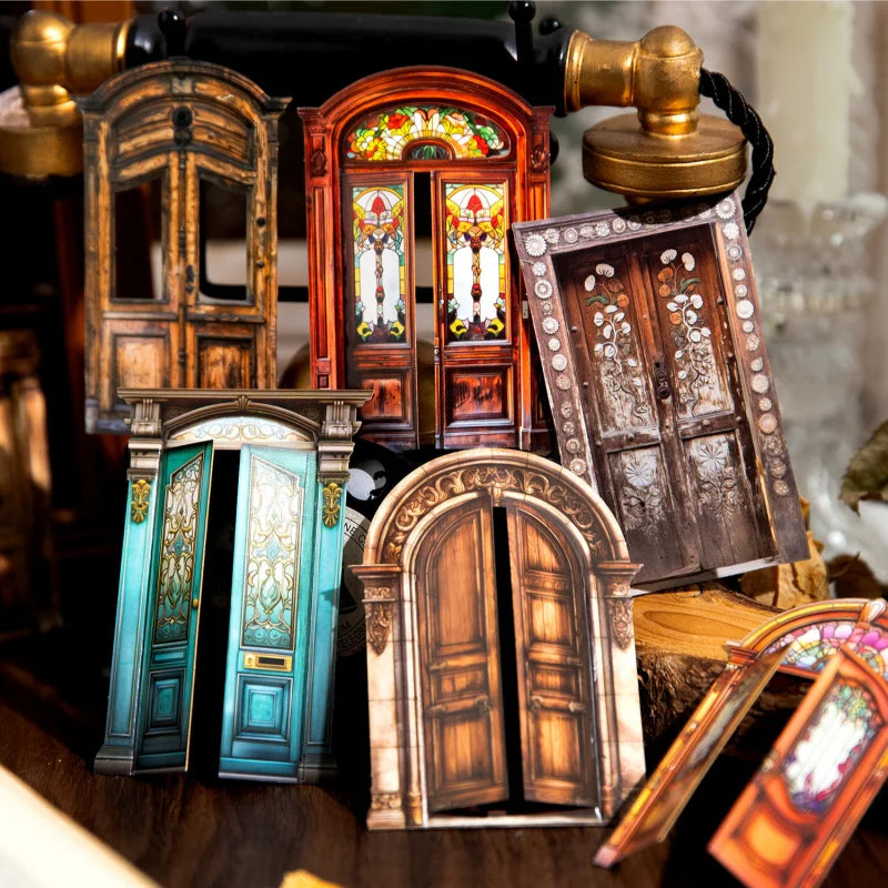 autocollants rigides portes anciennes motifs floraux vitraux colorés vintage classique marron bleu vert marron