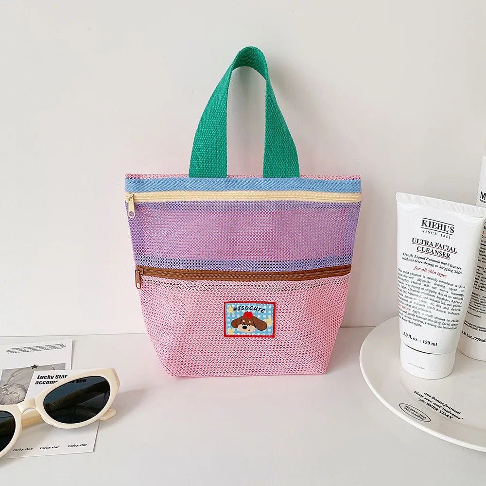 sac main reutilisable maille polyestere bleu rose moderne portable poignees étui cosmétiques voyage