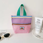 sac main reutilisable maille polyestere bleu rose moderne portable poignees étui cosmétiques voyage