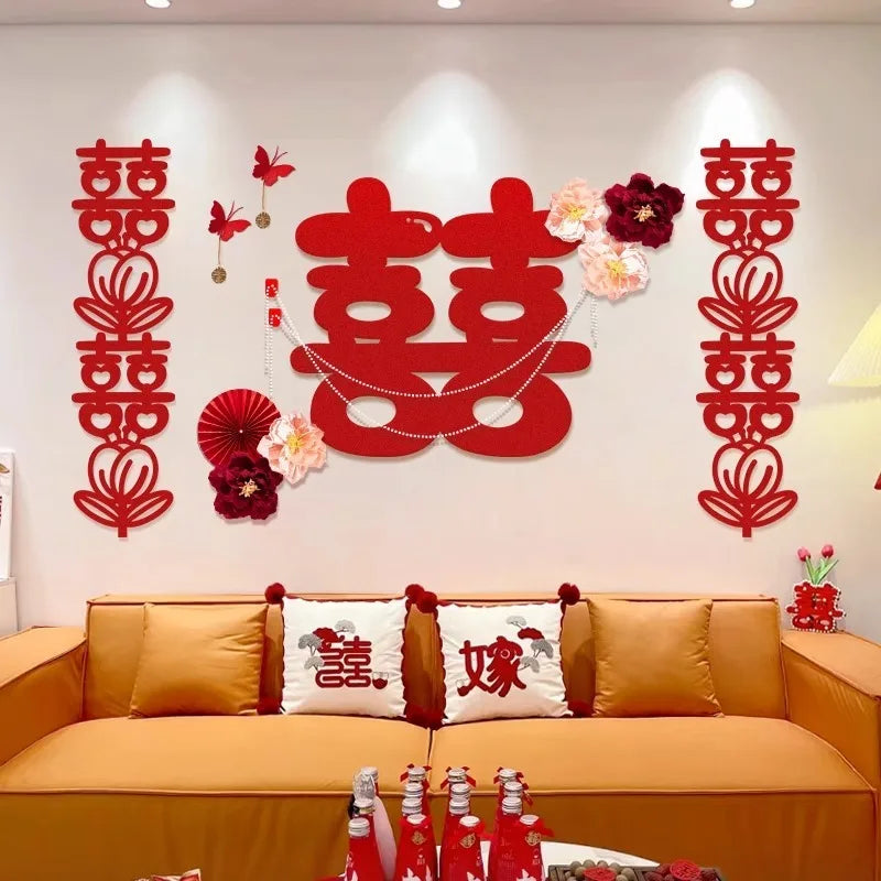 décoration murale mariage motifs chinois double bonheur fleurs artificielles cœurs happy wedding