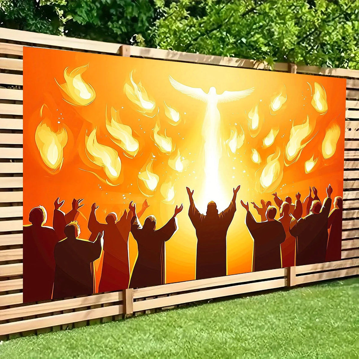 décoration murale toile art pentecost flame personnages silhouettes motifs feu orange jaune noir illustration