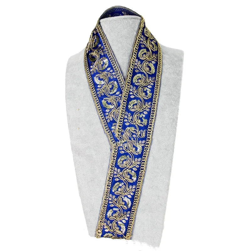 ruban decoratif brode floral paillettes dorées sequins blanc polyestere ecologique
