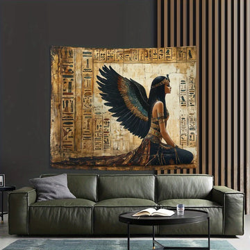tapisserie égyptienne vintage polyestère lavable motifs hiéroglyphes géométriques noir bleu doré