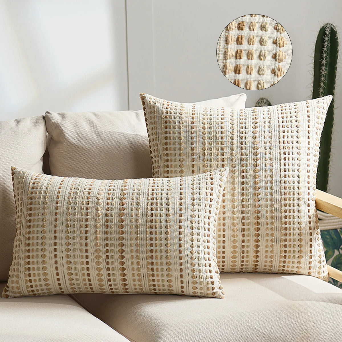 lot trois housses coussin carrées motif géométrique beige bleu moderne décoratif salon
