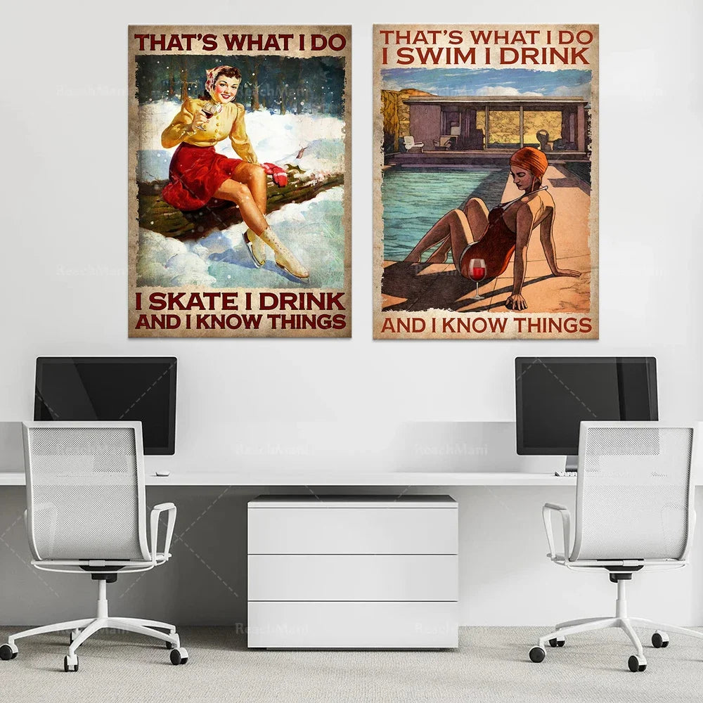 Deux affiches vintage avec des messages humoristiques sur les activités hivernales et les loisirs aquatiques.