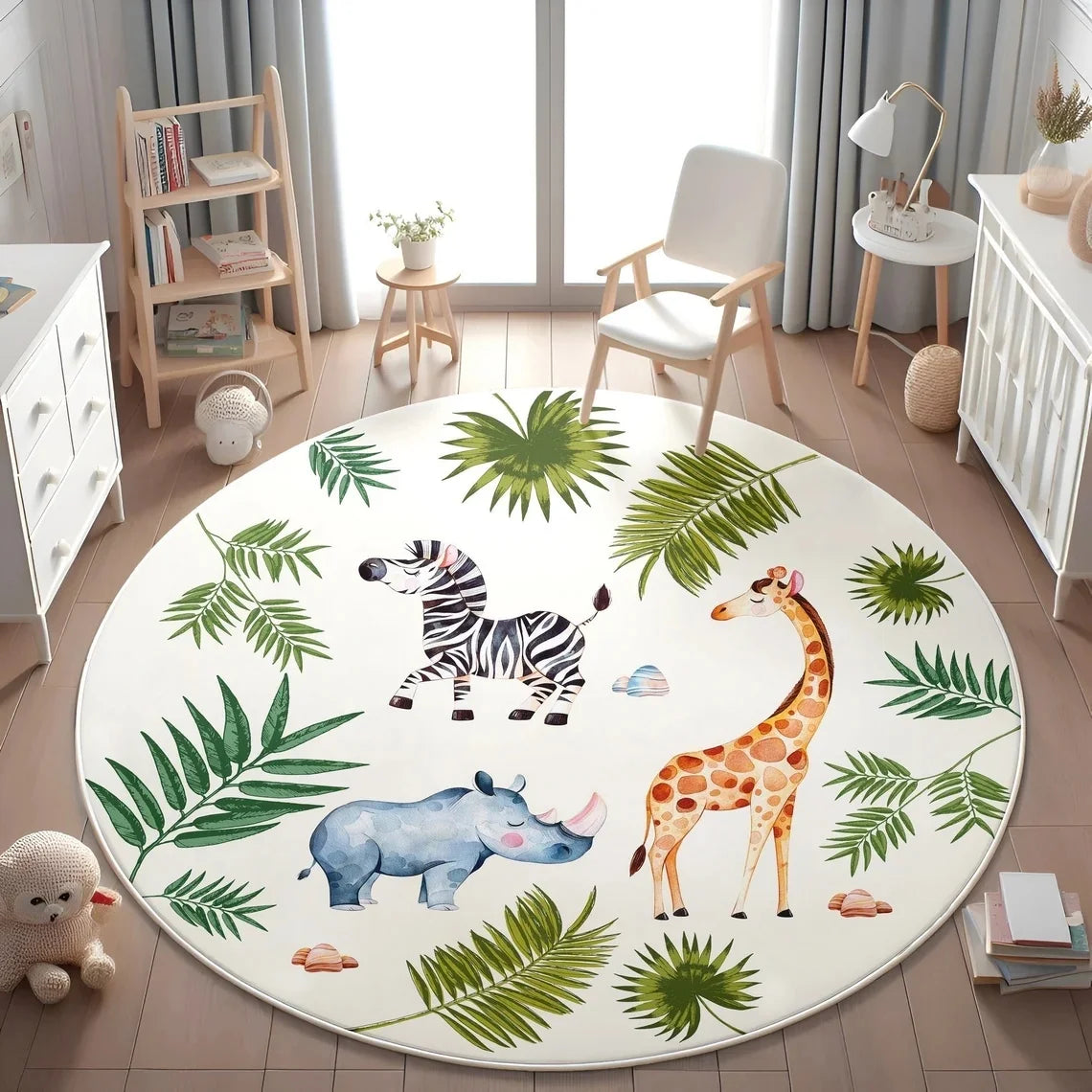 tapis rond polyester antidérapant motif animaux jungle enfant moderne 120x120cm