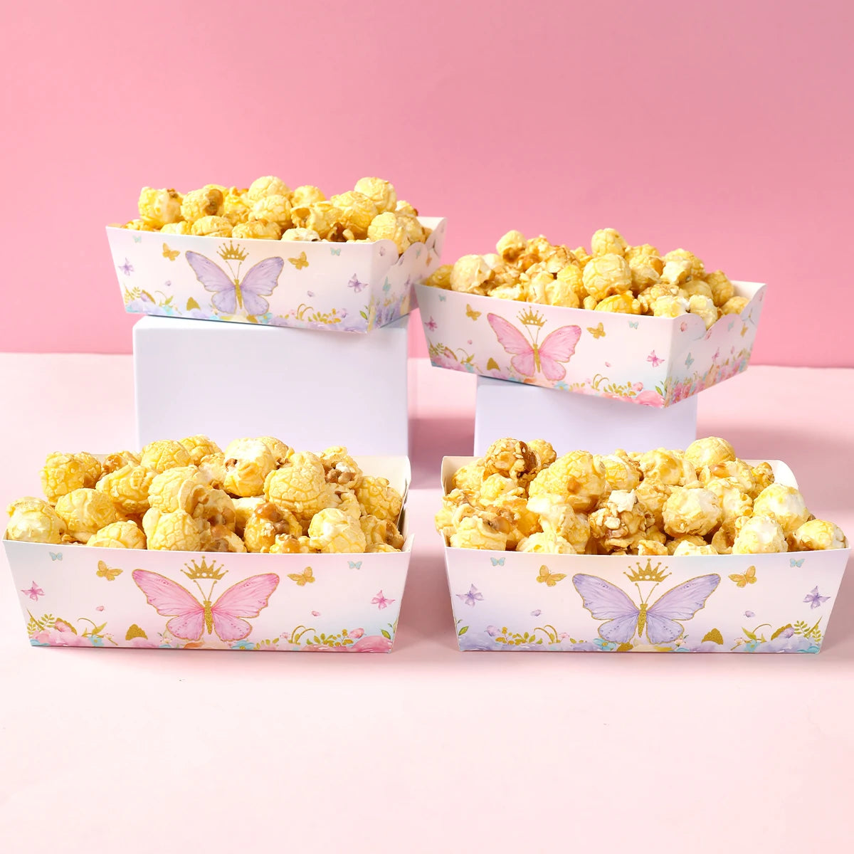 boîtes pop corn décoratives papillons rose violet doré fête anniversaire mariage baptême fille