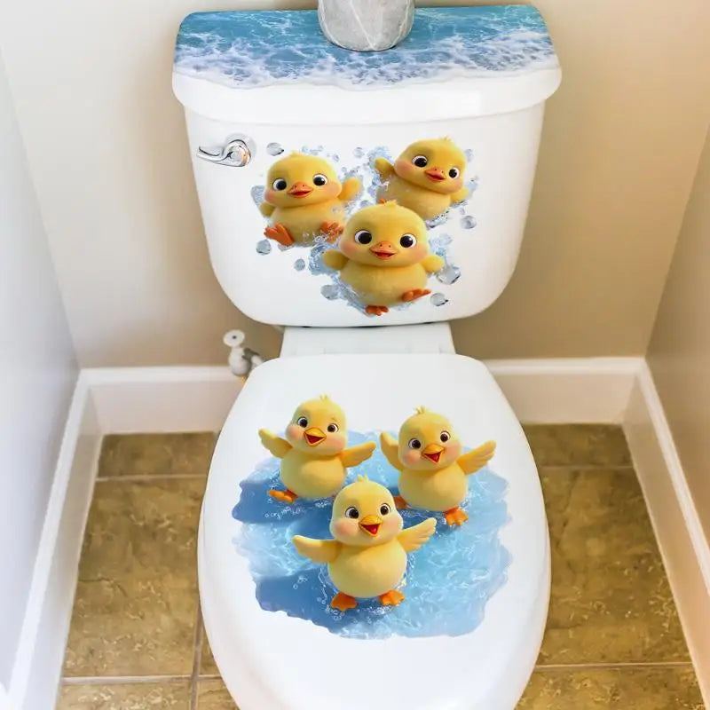 cache siège toilette adhésif oiseaux canard poussins vague eau blanc bleu marron jaune gris