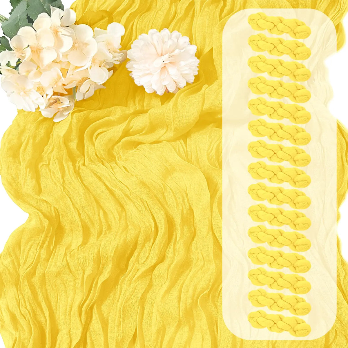 table runner jaune texturé boho semi transparent motifs rustiques fleurs artificielles blancs printemps mariageDecorationintérieur