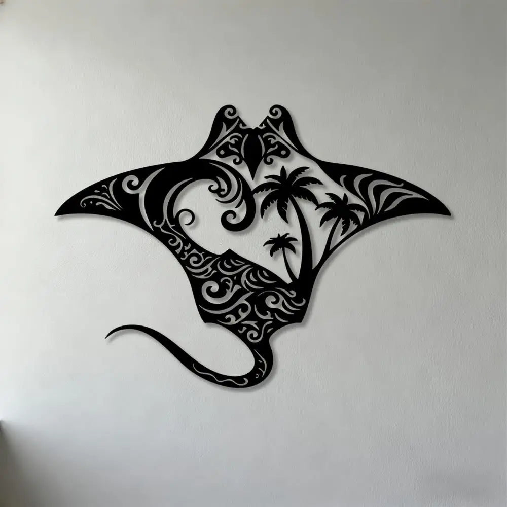 décoration murale plaque métal noir manta ray palmiers motifs floraux moderne tribal