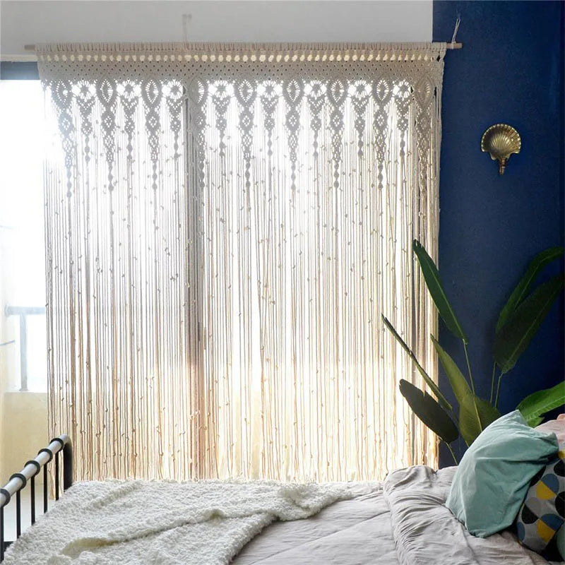 rideau macramé boho chic beige motifs géométriques opacité tissu coton machine eyelets chambre salon