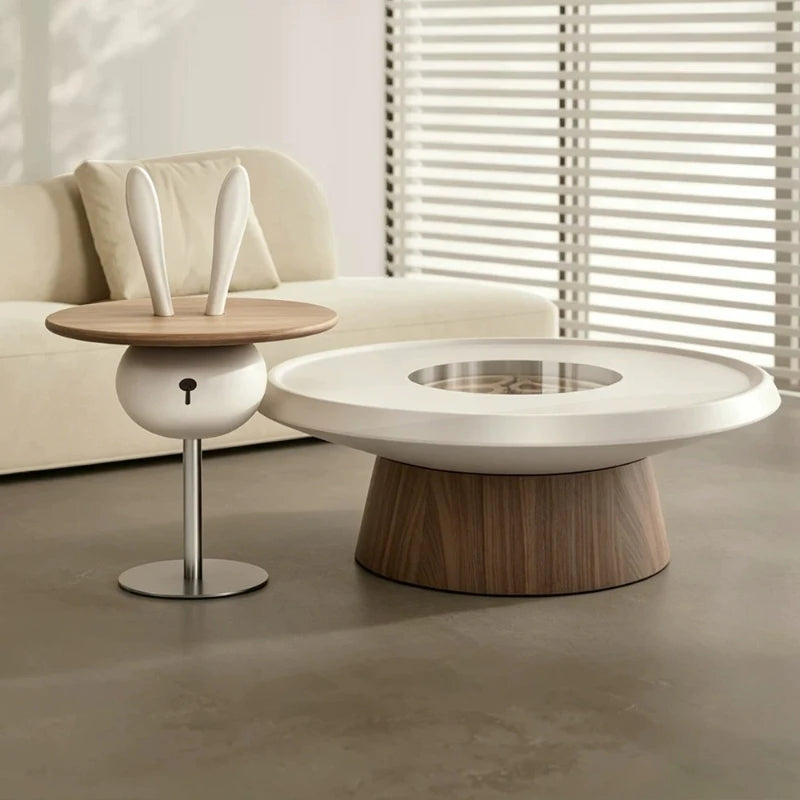 table basse moderne rond bois marron clair métal transparent décoration ludique