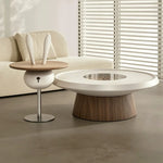 table basse moderne rond bois marron clair métal transparent décoration ludique
