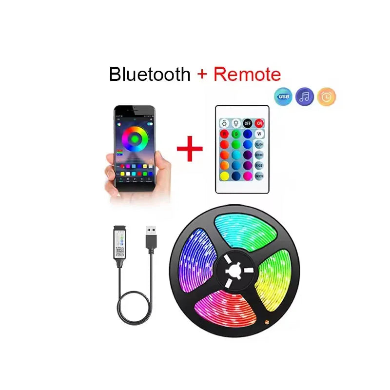 ruban led flexible multicolore moderne télécommande chargeur usb adaptateurs variés chambre festivité