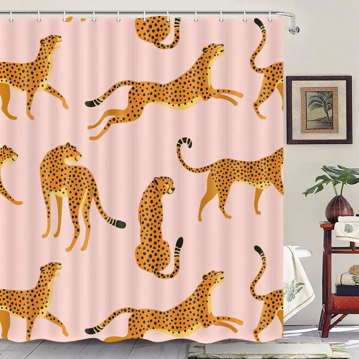 rideau douche moderne imprimé léopards sautants rose clair orange noir vert opaques anneaux rideau