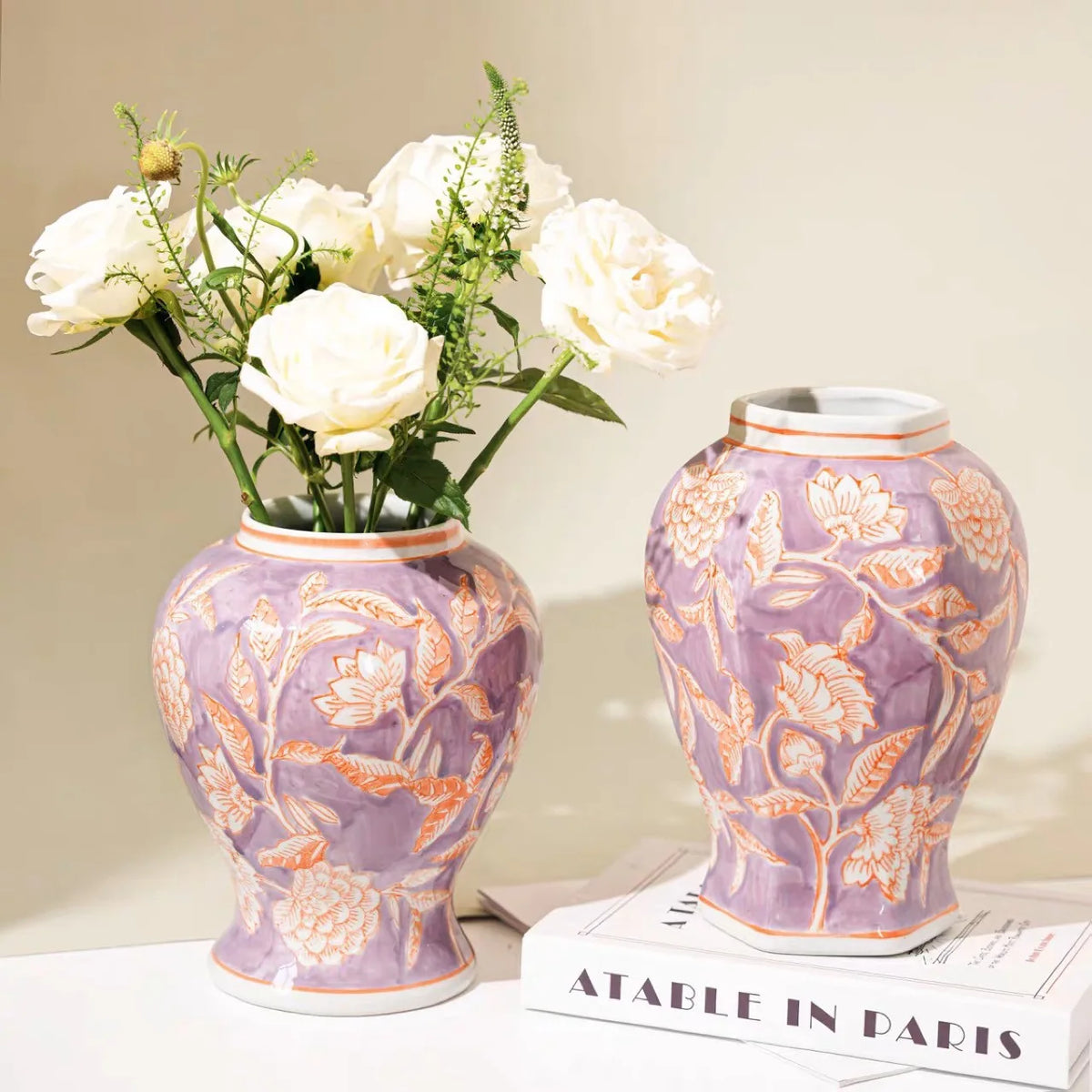 vase table violet beige fleurs dorées classique décoration maison transparent moderne