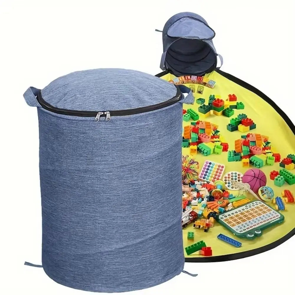 seau rangement réutilisable tissu textile métal zip rangement rapide jouets enfants tapis pliable bleu