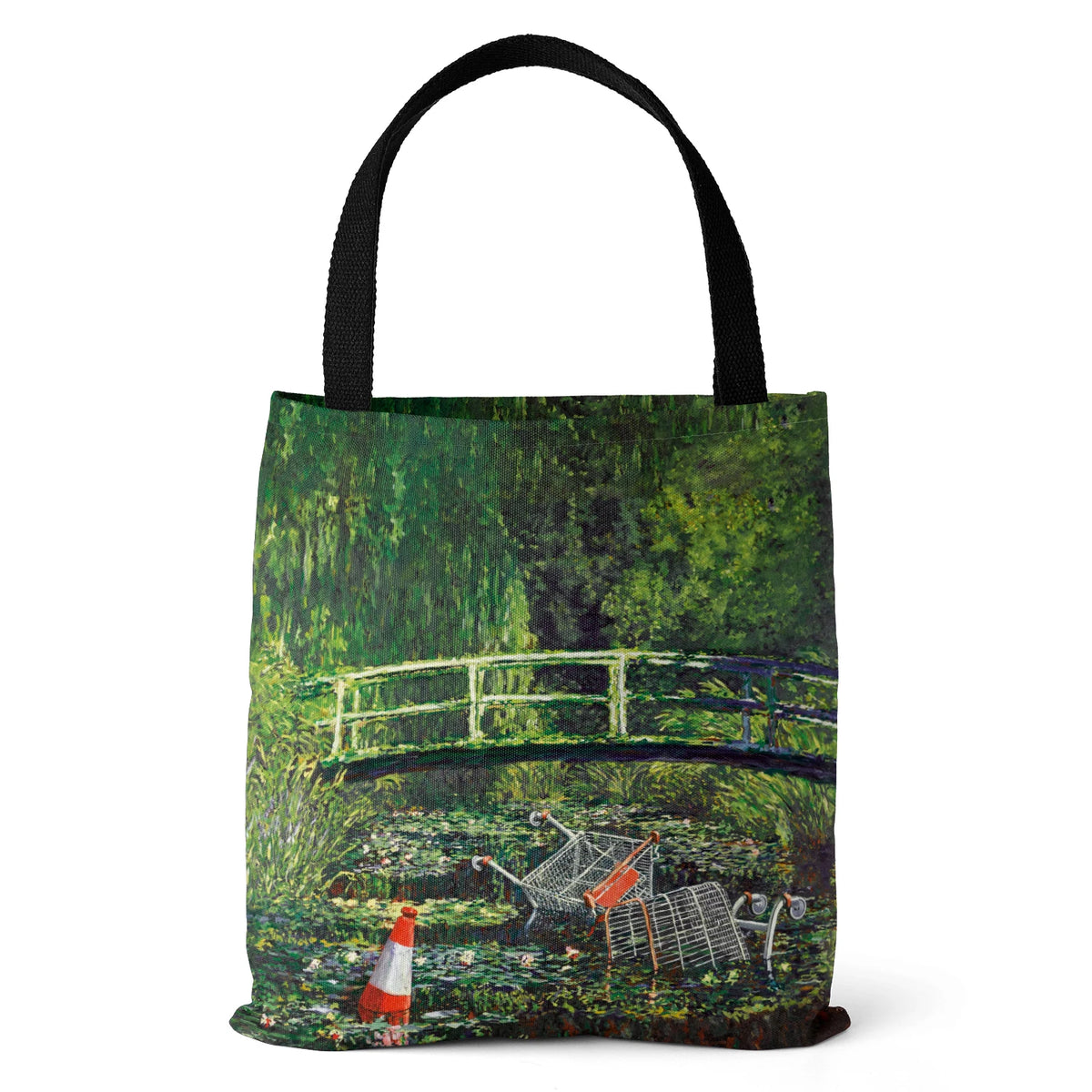 sac main polyester fleurs iris paysage moderne vert bleu beige noir poignées
