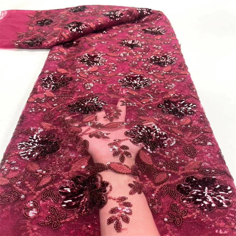 tissu africain dentelle brodée paillettes sequins net fleurs feuilles rouge noir vert doré rose