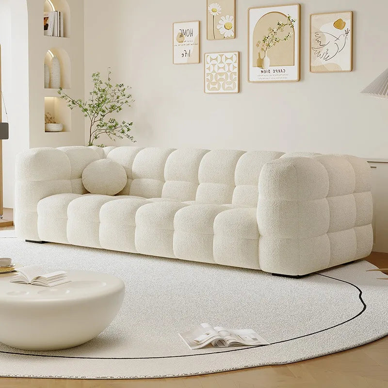 canapé moderne bois tissu géométrique coussin mousse latex beige rose vert gris orange