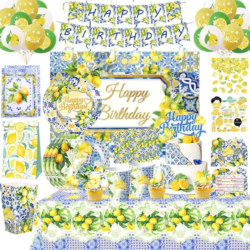 décoration fête citron fleurs bleu blanc assiettes tasses serviettes gâteau anniversaire thème traditionnel