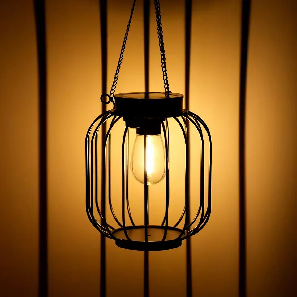 lanterne solaire vintage cage métallique noire ampoule led panneau solaireextérieur autoinstallation modes lumière jardin