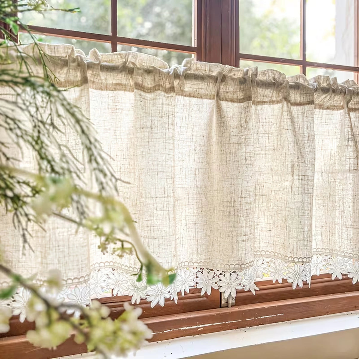 rideau rustique vintage lin beige clair bordure dentelle blanche opacité cuisine