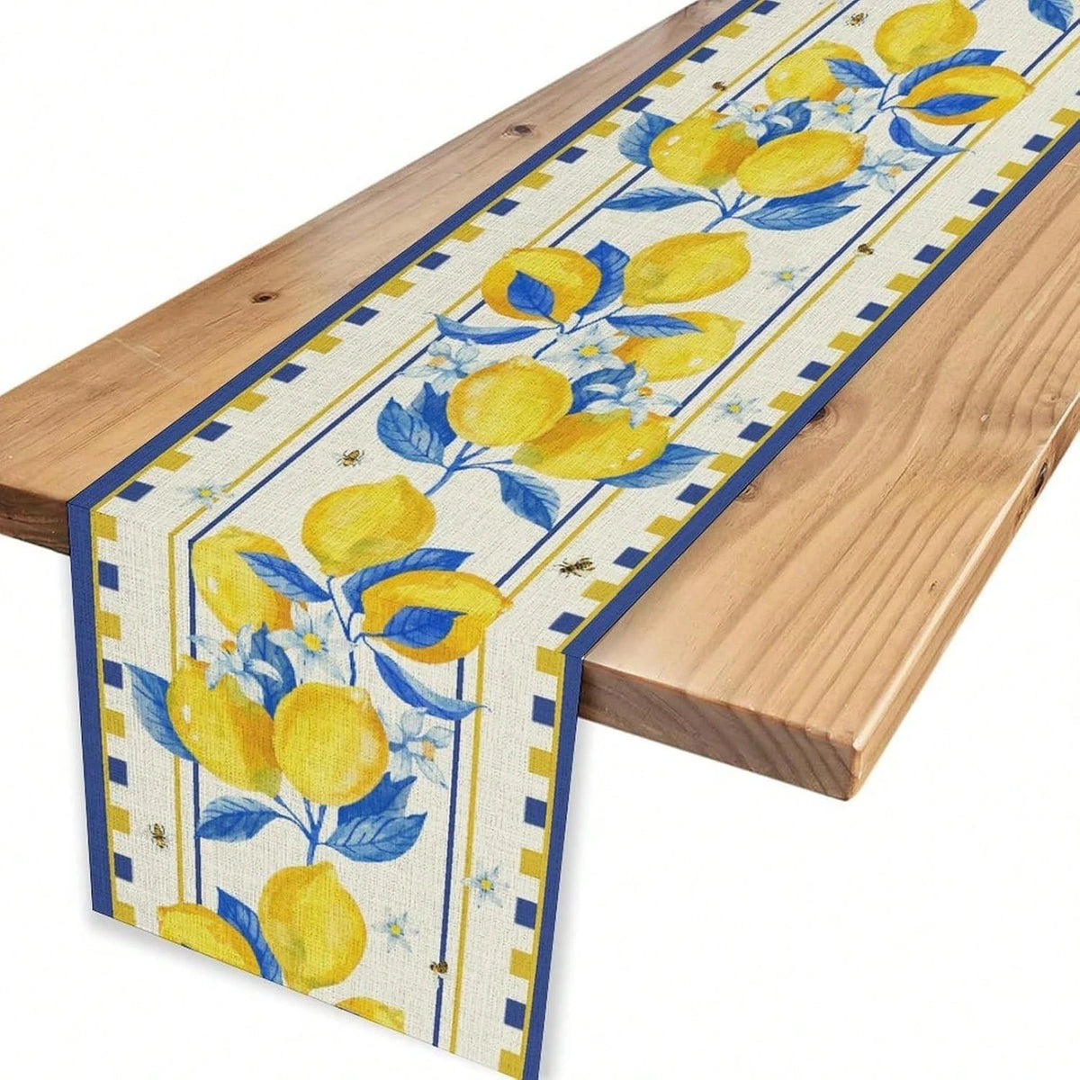 chemin table citron abeille été blanc jaune bleu décoratif rustique table maison noël halloween