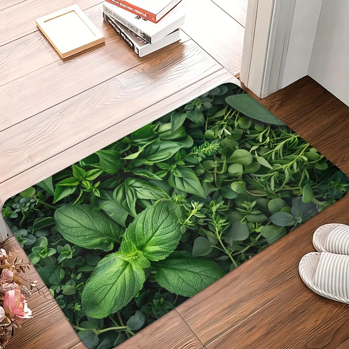 tapis sol moderne feuilles plantes vertes fond noir antidérapant polyester extérieur 40x60cm 50x80cm 40x120cm