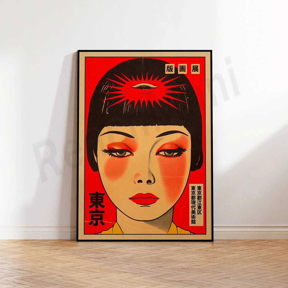 L'image montre le portrait stylisé d'une femme avec un maquillage dramatique et des expressions faciales prononcées, dans un style d'affiche japonaise vintage.