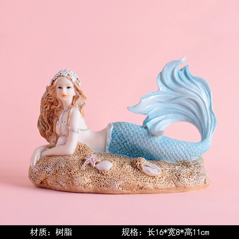 statue sirène résine rose blanche bleue dorée coquillage cheveux ondulés décoration intérieure artificielle