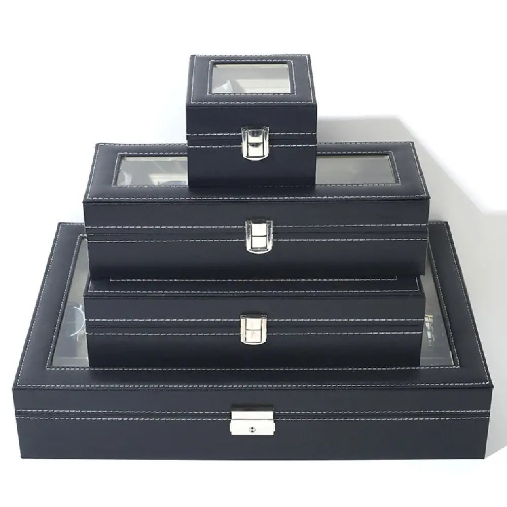 boîtes montres simili cuir noires classiques verrouillables coussinets amovibles 10 12 compartiments transparents couvercle