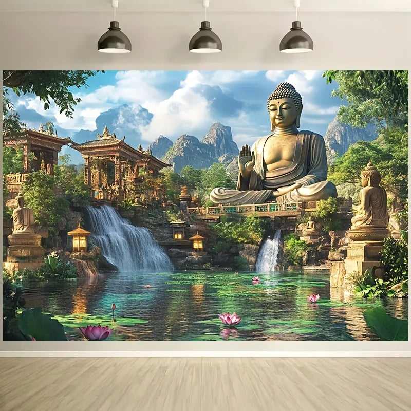 décoration murale paysage oriental bouddha cascades fleurs lotus multicolore moderne chambre salon