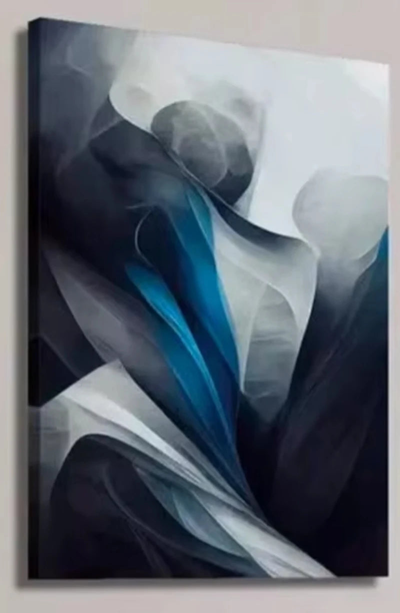 toile d'art abstrait contemporain gris bleu blanc fluides ondulations clips rectangle vertical set
