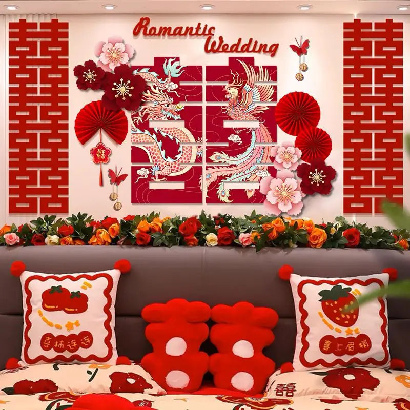 décoration mariage romantique dragon chinois fleurs cerisier papillons symboles traditionnels rouge rose blanc