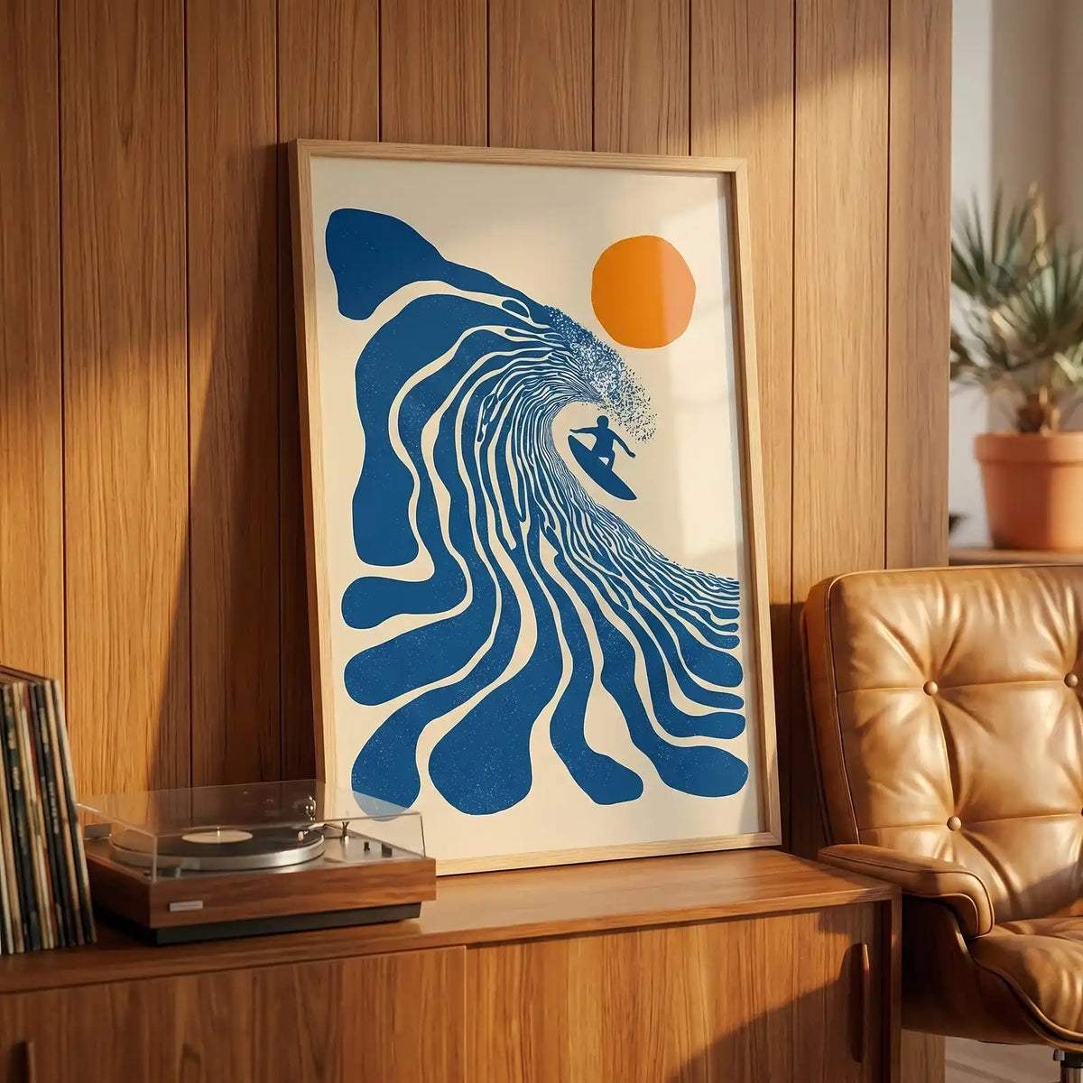 affiche moderne toile vague stylisée soleil bleu beige orange sans cadre salon chambreDecorationAbstractWaveDesignImpressionCanvasVerticalRectangle