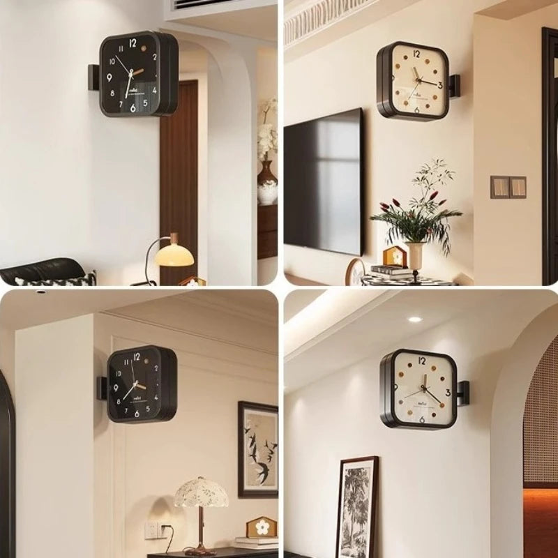 horloge murale double face moderne aiguille quartz noir blanc doré aiguilles poteau métallique