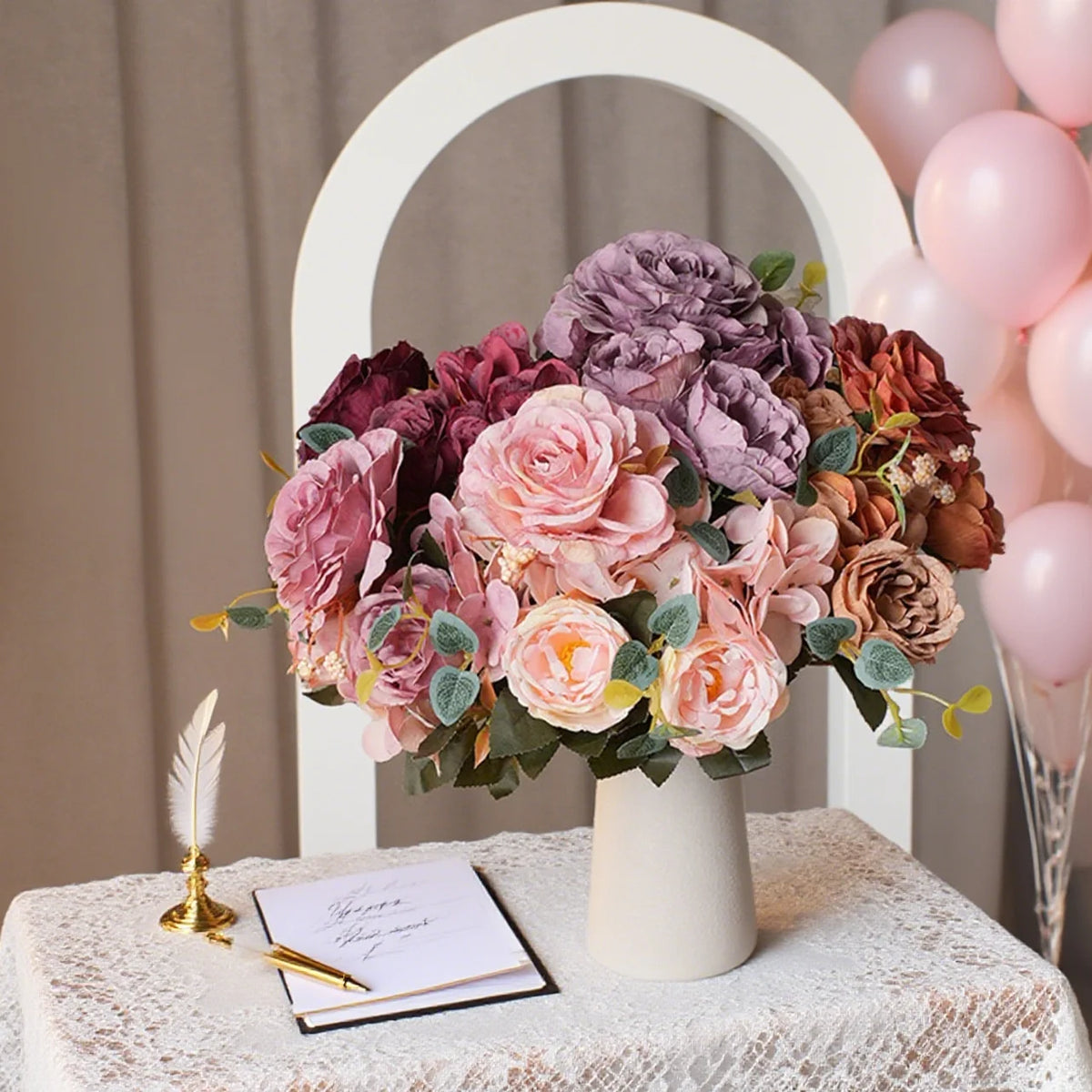 bouquet fleurs artificielles soie roses hortensias pivoines décoration mariage anniversaire intérieur moderne élégant