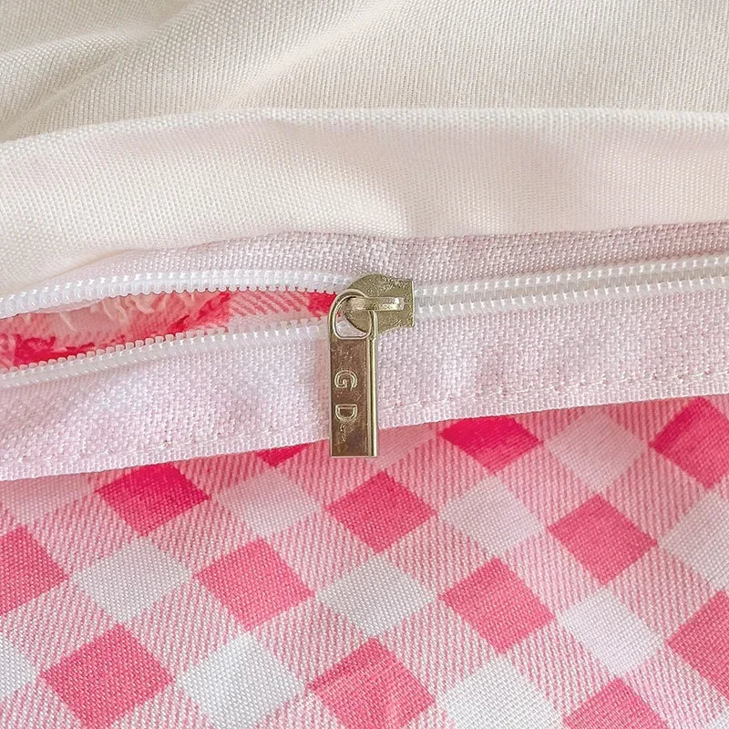 ensemble literie enfantin lapins coeurs rose blanc adorable housse couette taies oreillers drap carreaux