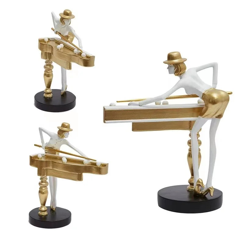 statuette décorative art déco rétro billard personne billes or blanc noir