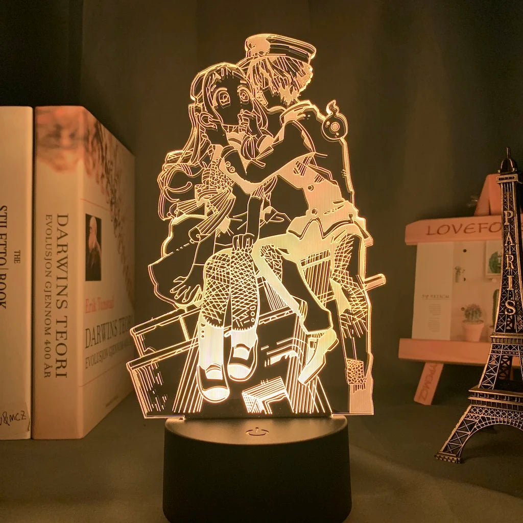 lampe table led transparente moderne illustration 3d personnages embrassant détails valises accessoire base solide