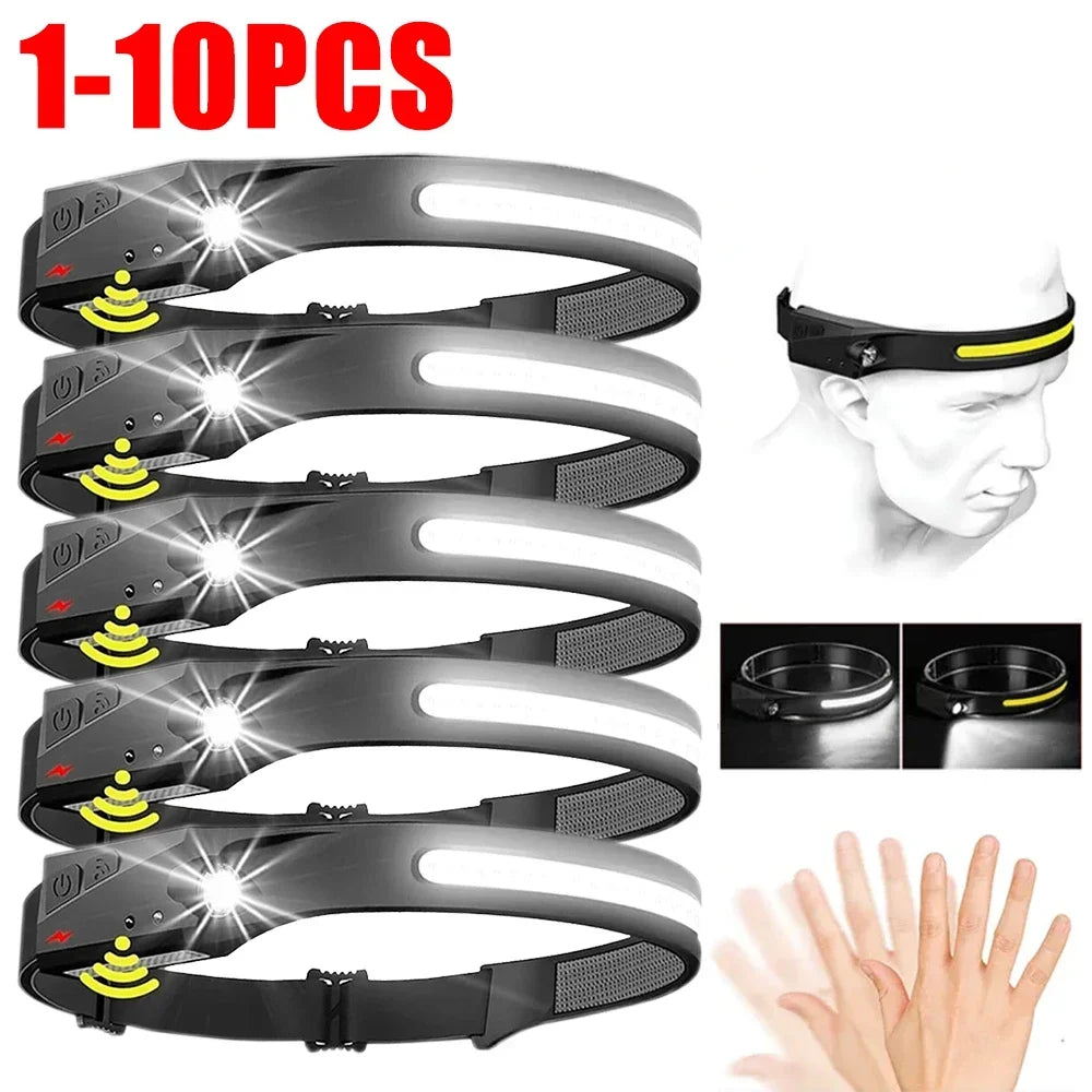lampe frontale rechargeable led noir jaune ceinture ajustable motion sensor torchon camping pêche recherche