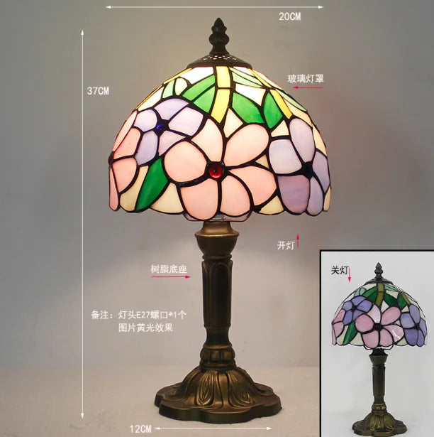 lampe table tiffany mosaïque verre coloré floral interrupteur bascule métal doré